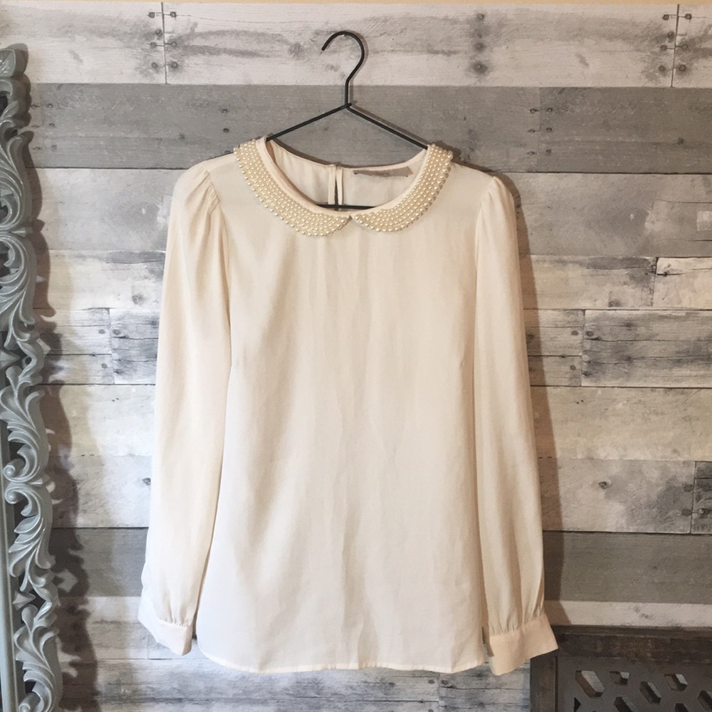 Loft Peter Pan Pearl Collar Sheer Blouse | Medium